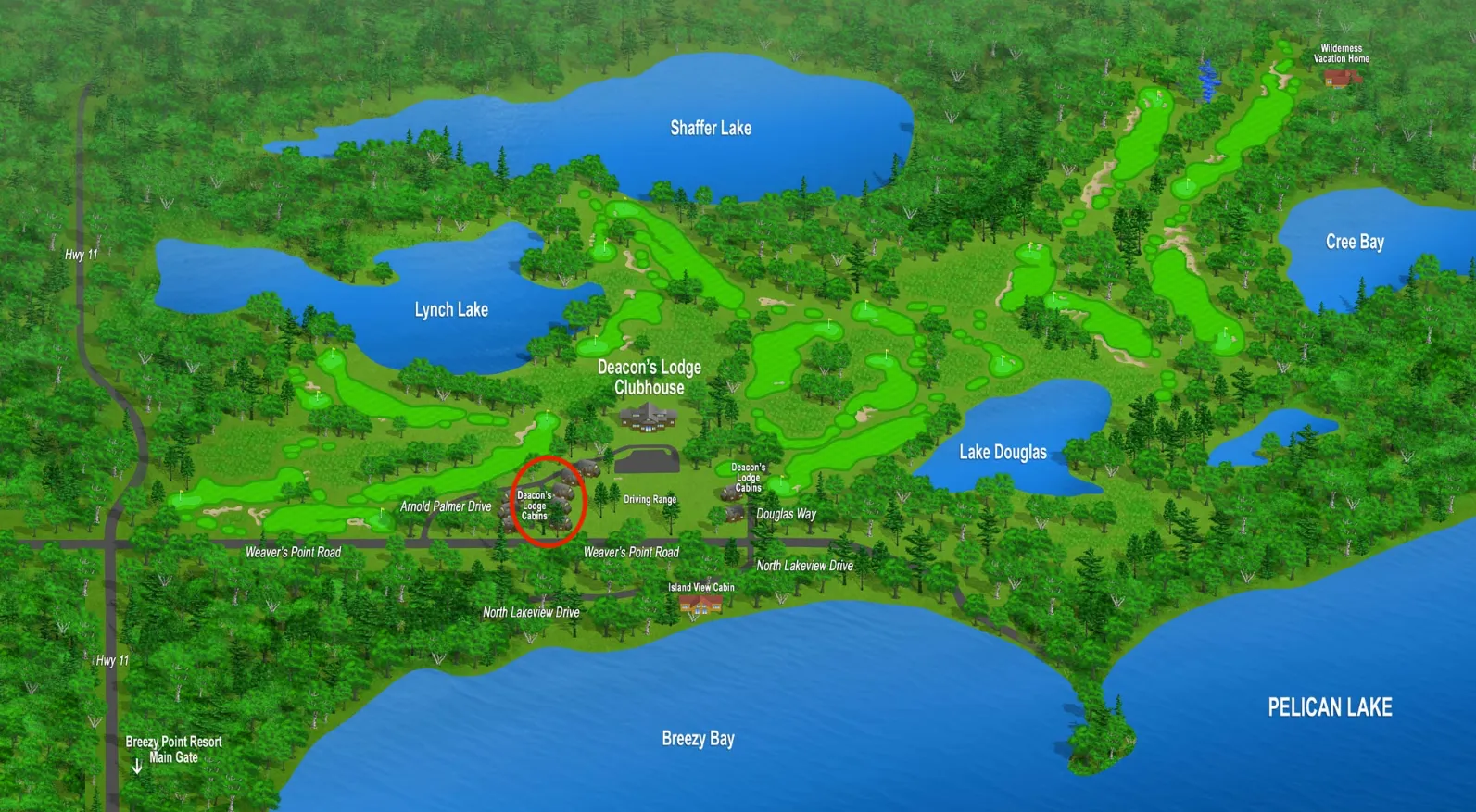 Aerial illustrated map of Breezy Point Resort — Deacon's Lodge campus with cabins circled