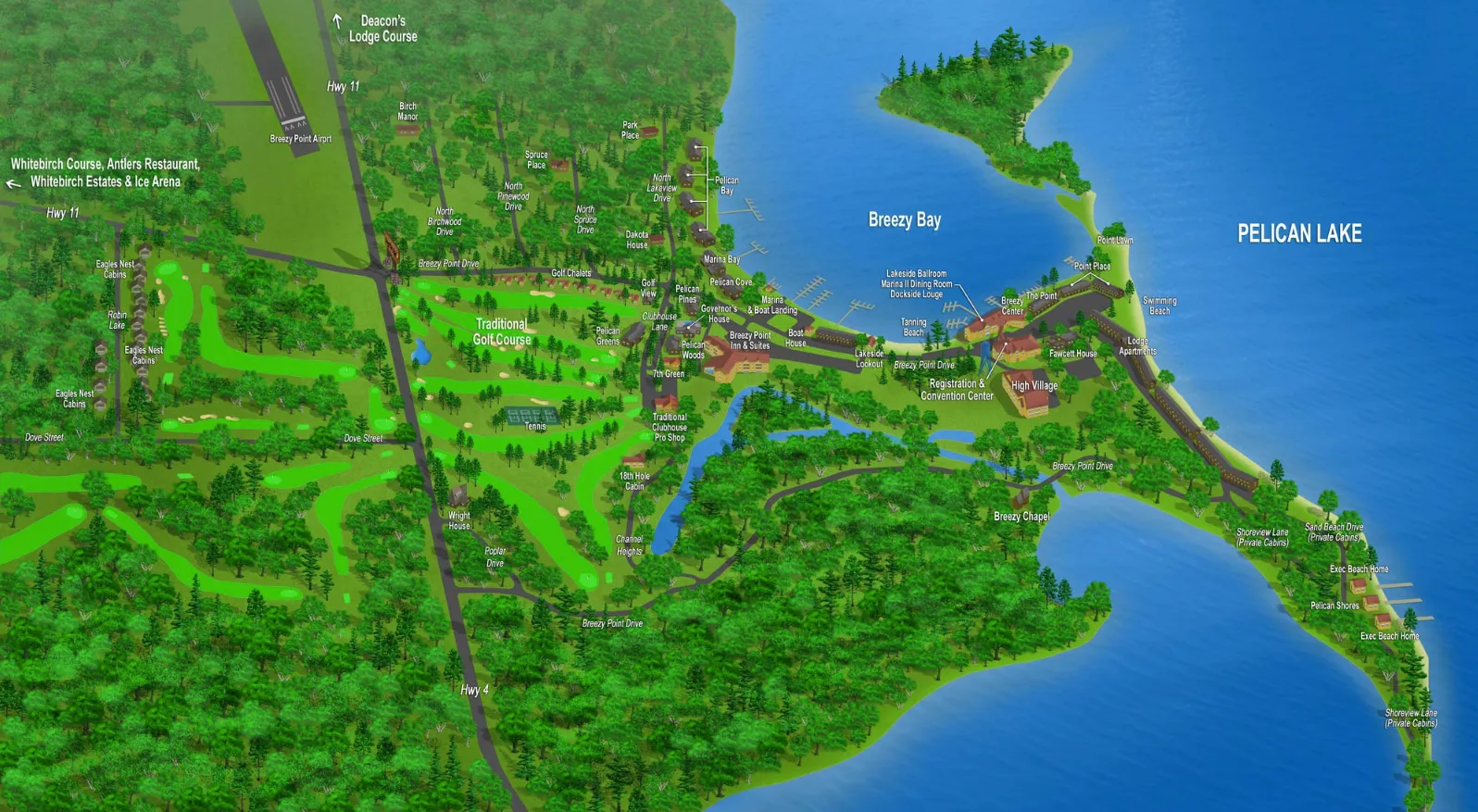 Full resort map of Breezy Point showing Pelican Lake, Breezy Bay, golf courses, and cabin areas