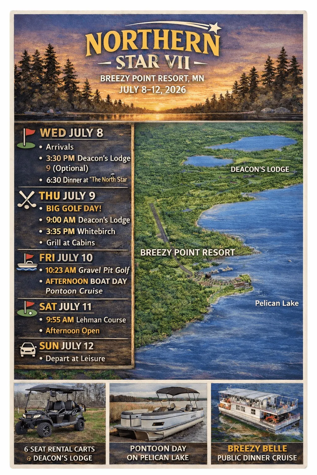 Northern Star VII schedule poster with daily itinerary and a map of Breezy Point Resort on Big Pelican Lake